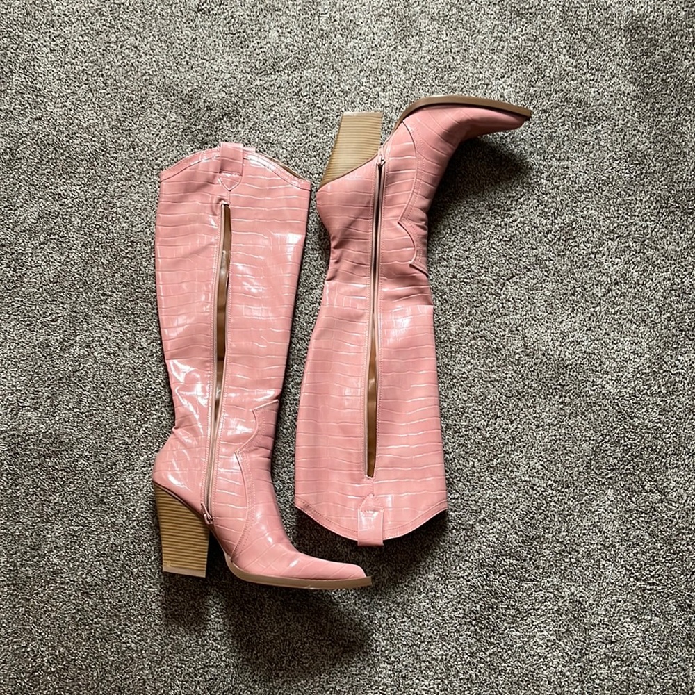 ASOS knee high cowgirl boot - pink croc.  Size 10
